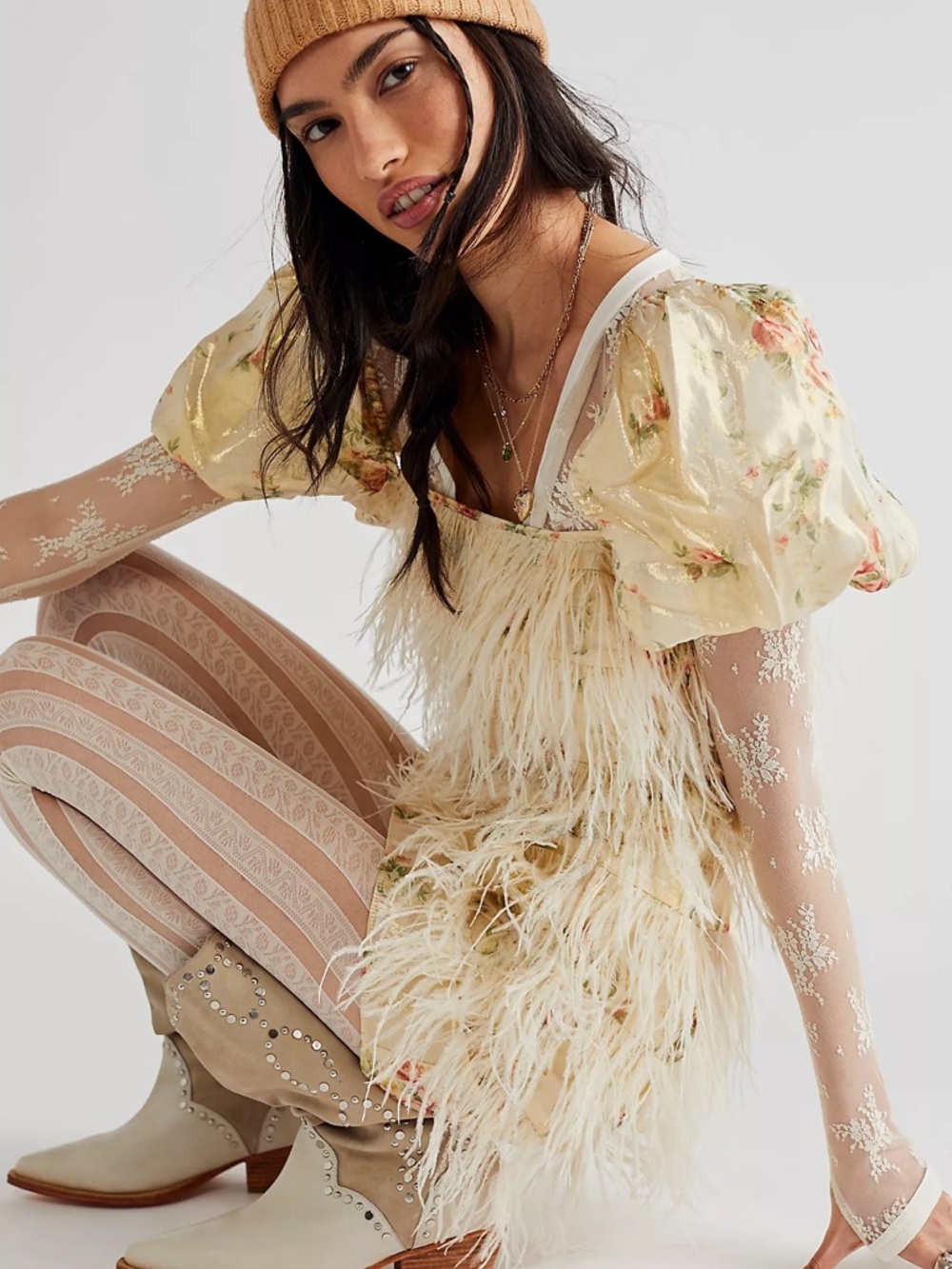 LoveShackFancy Beryl Feather Mini Dress in Golden Fog Size 0 - Picture 3 of 15
